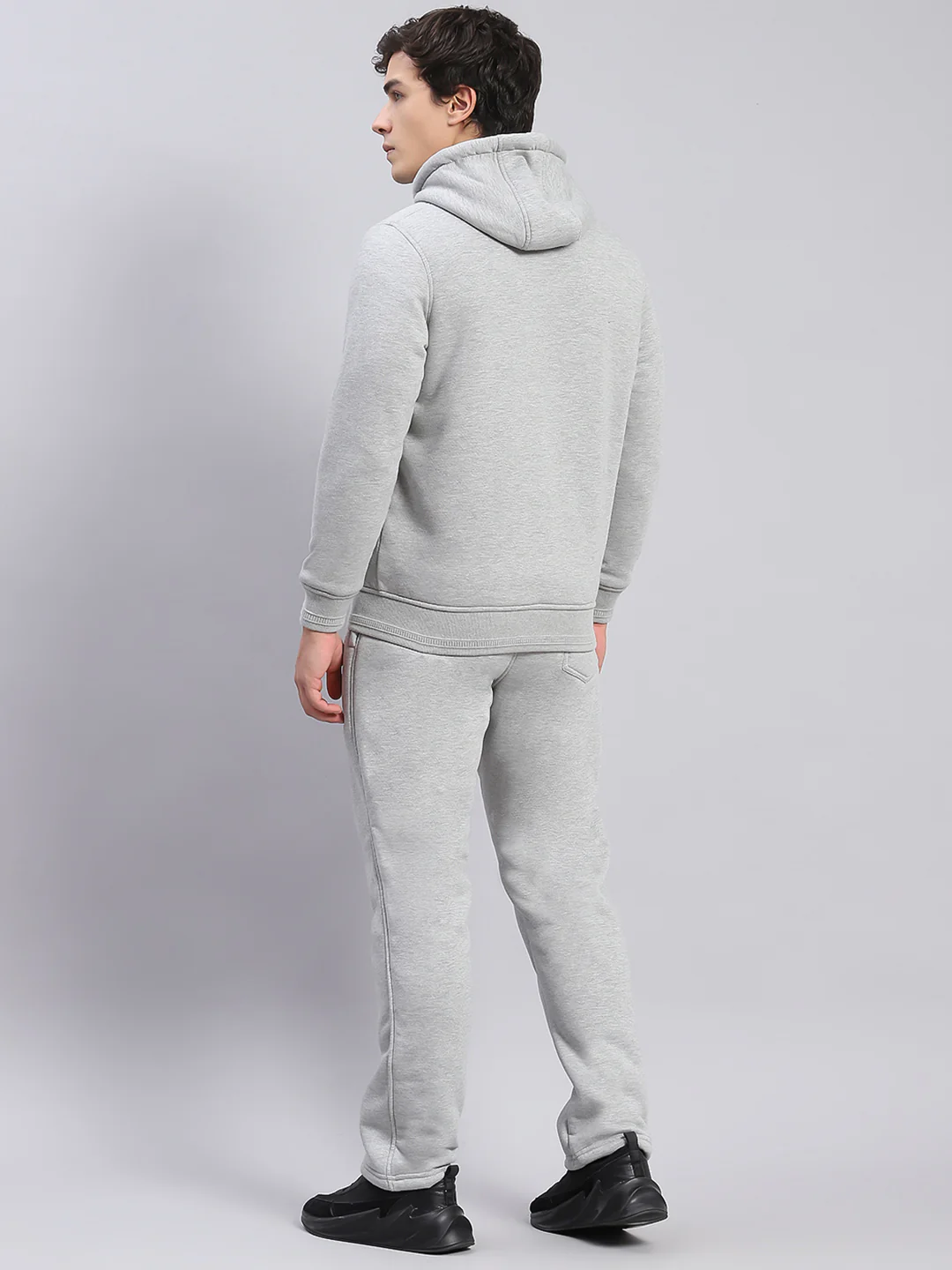 Men Grey Solid Hooded Full Sleeve Tracksuits - Image 5