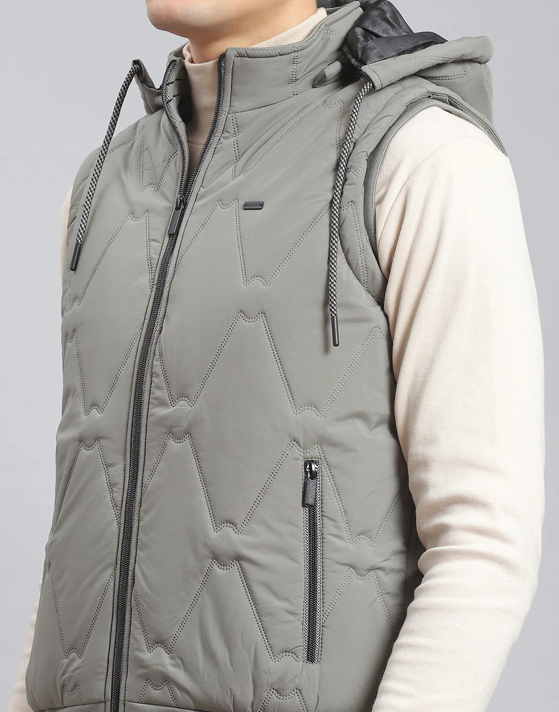 Men Grey Solid Hooded Sleeveless Jacket - Image 6