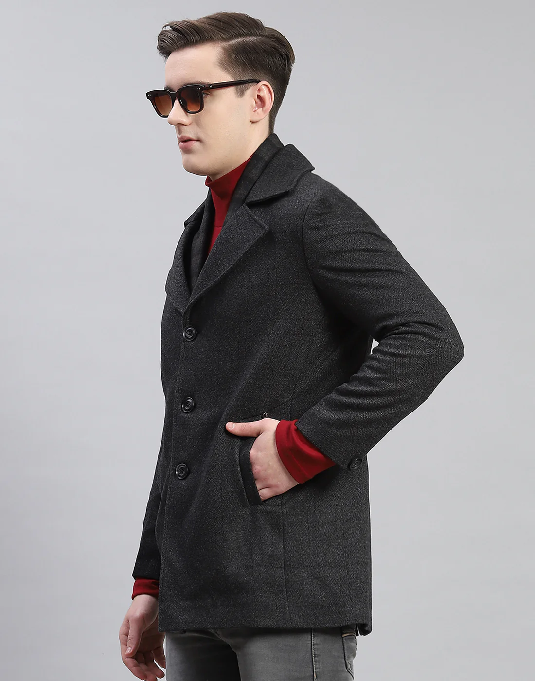 Men Grey Solid Lapel Collar Full Sleeve Coat - Image 3