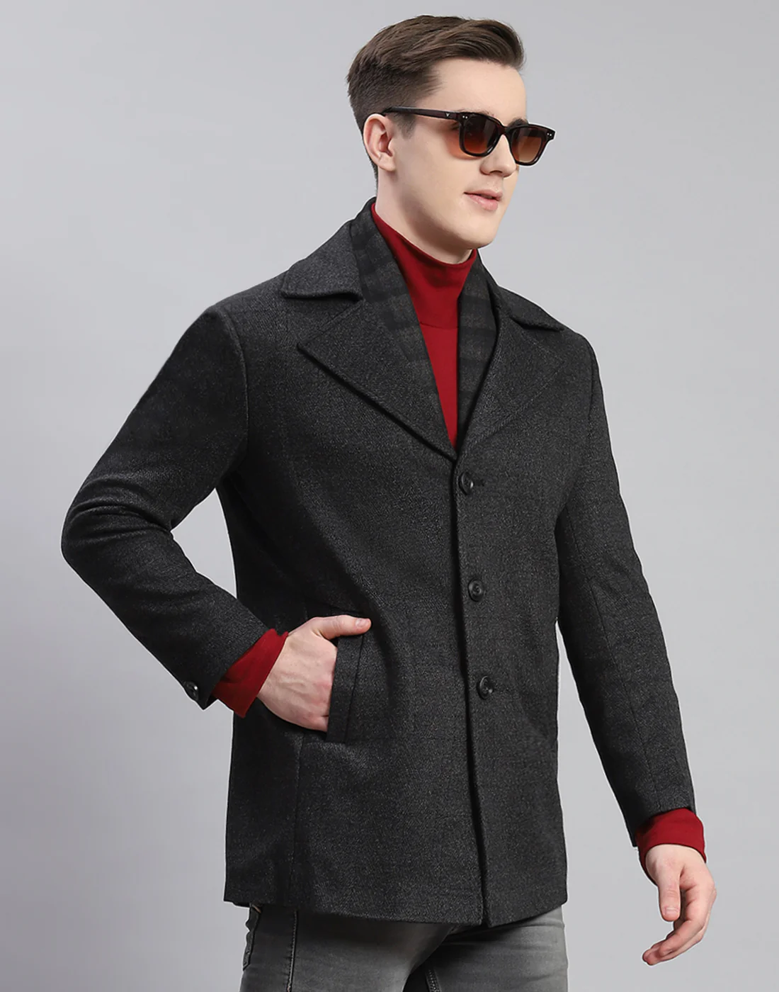 Men Grey Solid Lapel Collar Full Sleeve Coat - Image 4