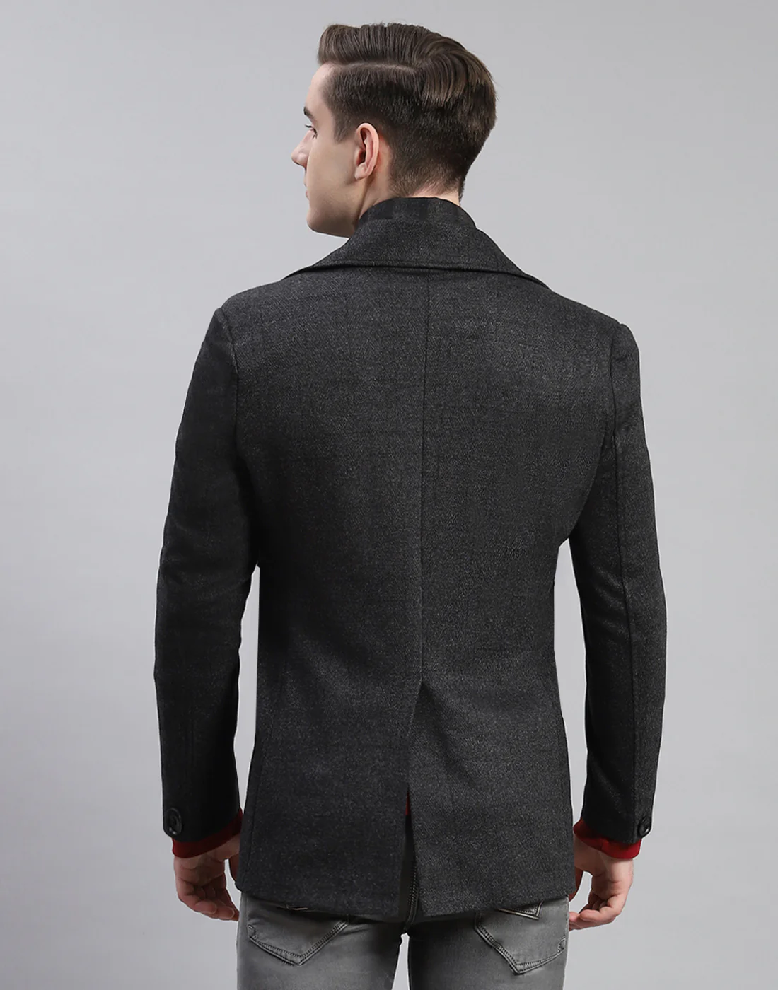 Men Grey Solid Lapel Collar Full Sleeve Coat - Image 5