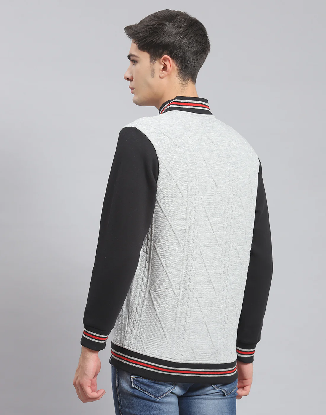 Men Grey Solid Mandarin Collar Full Sleeve Sweatshirt - Image 5