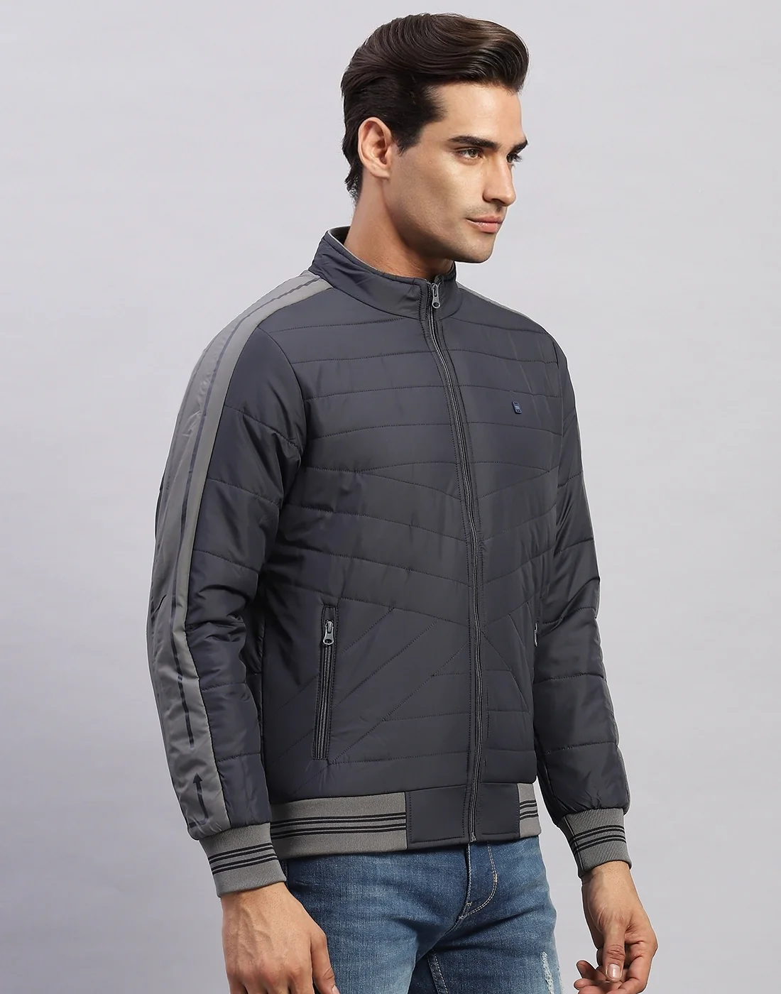 Men Grey Solid Mock Neck Full Sleeve Jacket - Image 4