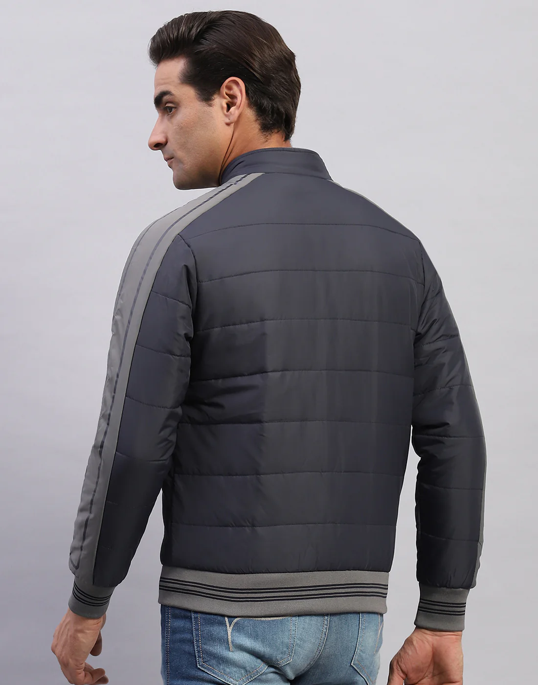 Men Grey Solid Mock Neck Full Sleeve Jacket - Image 5