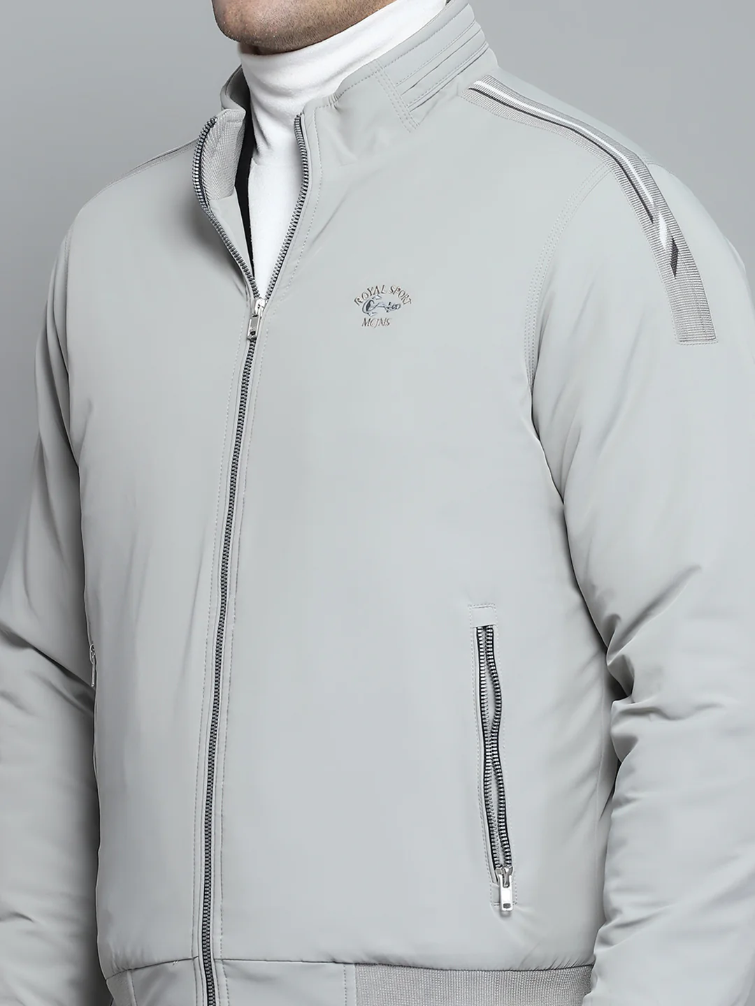 Men Grey Solid Mock Neck Full Sleeve Jacket - Image 6