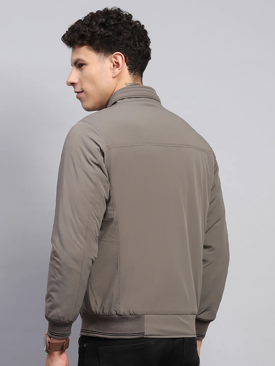 Men Grey Solid Mock Neck Full Sleeve Jacket - Image 5