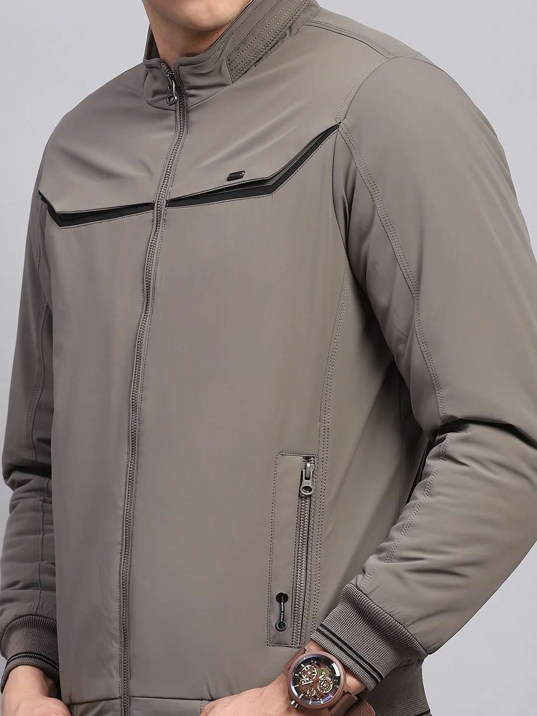 Men Grey Solid Mock Neck Full Sleeve Jacket - Image 6