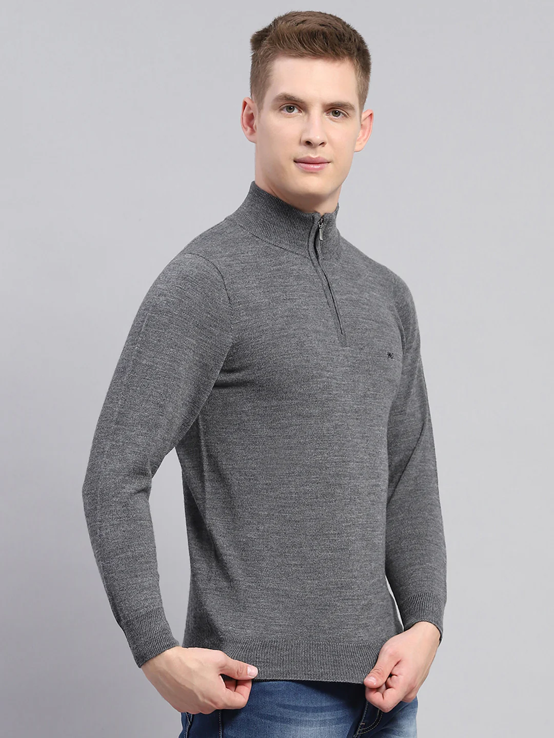 Men Grey Solid Mock Neck Full Sleeve Pullover - Image 4