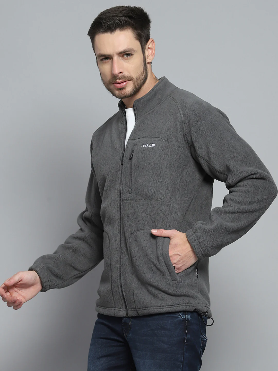 Rock.it Men Grey Solid Mock Neck Full Sleeve Sweatshirt - Image 3