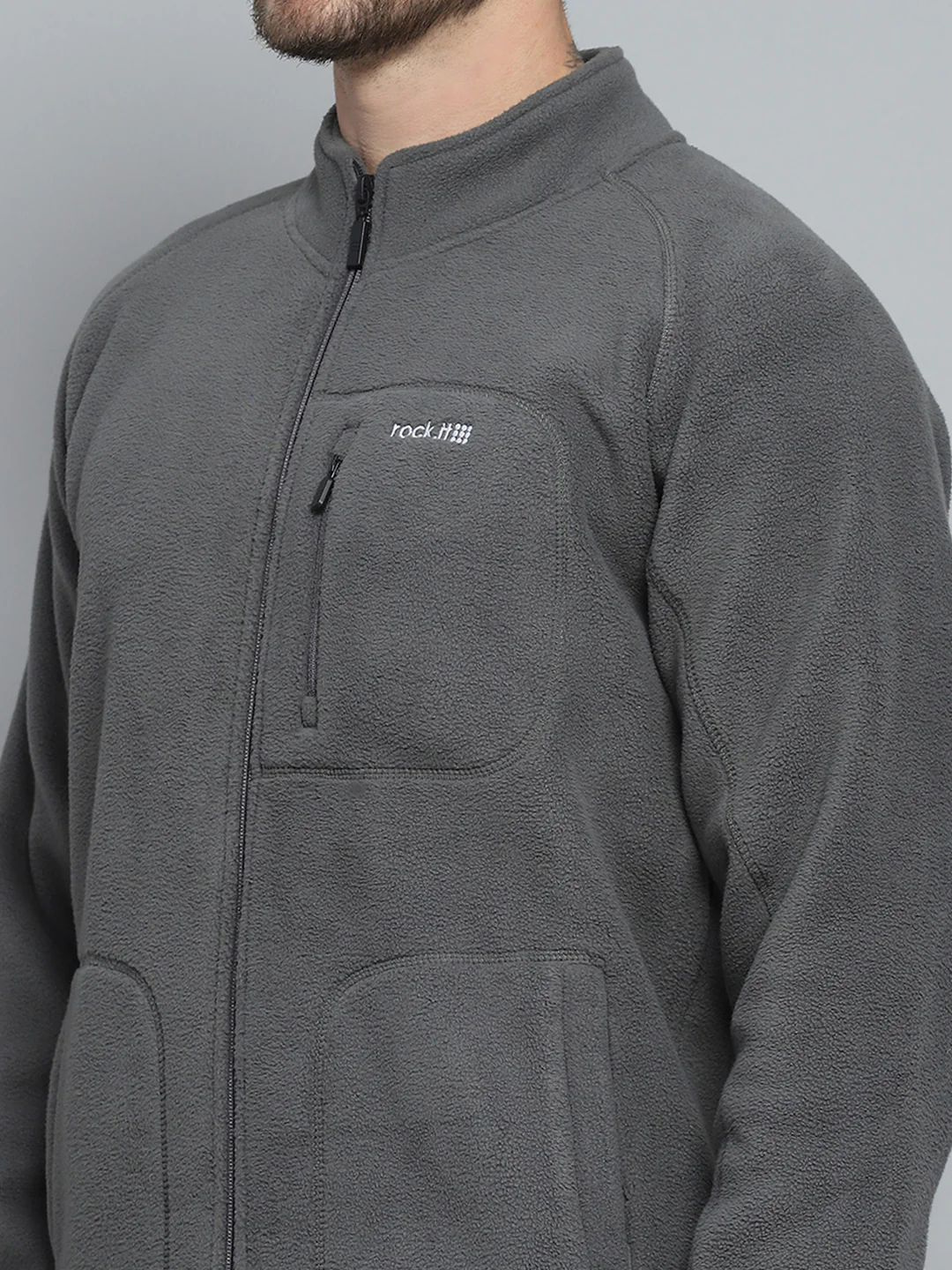 Rock.it Men Grey Solid Mock Neck Full Sleeve Sweatshirt - Image 6