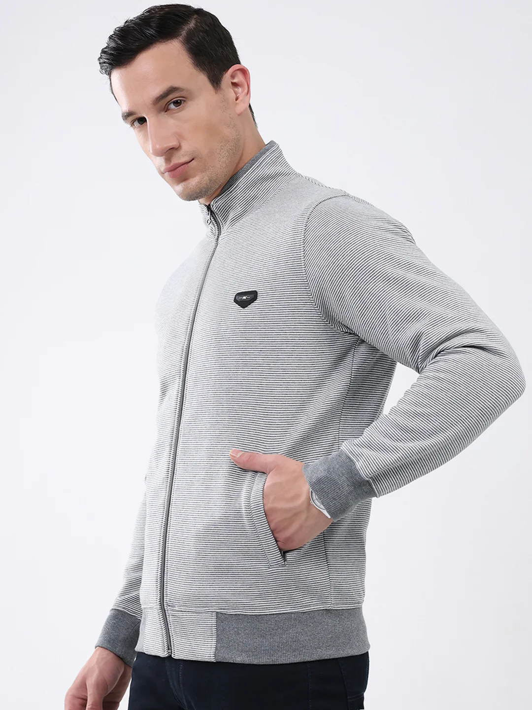 Men Grey Solid Mock Neck Full Sleeve Sweatshirt - Image 3