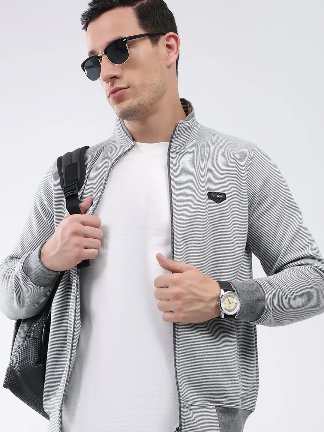 Men Grey Solid Mock Neck Full Sleeve Sweatshirt - Image 6
