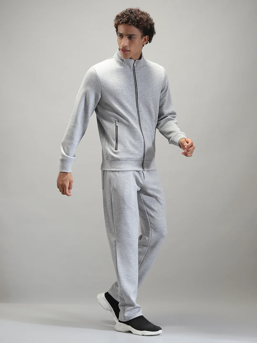 Men Grey Solid Mock Neck Full Sleeve Winter Tracksuit - Image 4