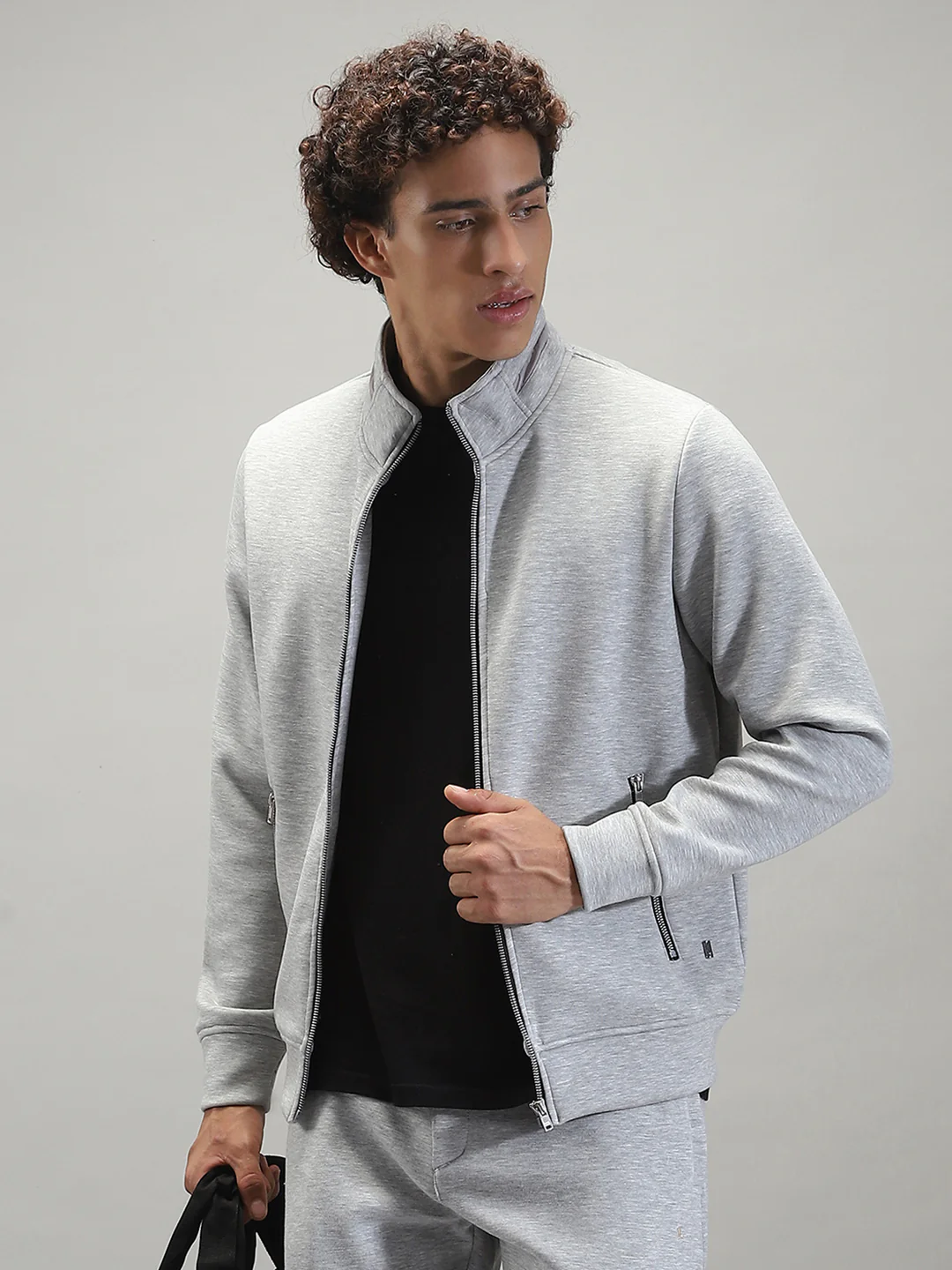 Men Grey Solid Mock Neck Full Sleeve Winter Tracksuit - Image 6