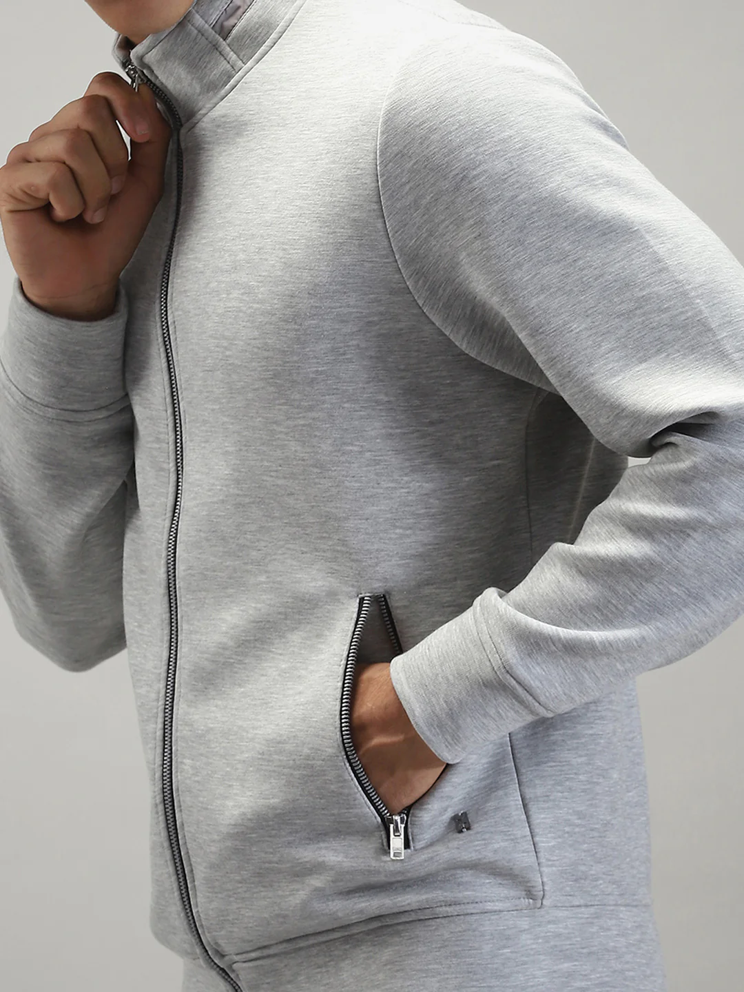 Men Grey Solid Mock Neck Full Sleeve Winter Tracksuit - Image 7
