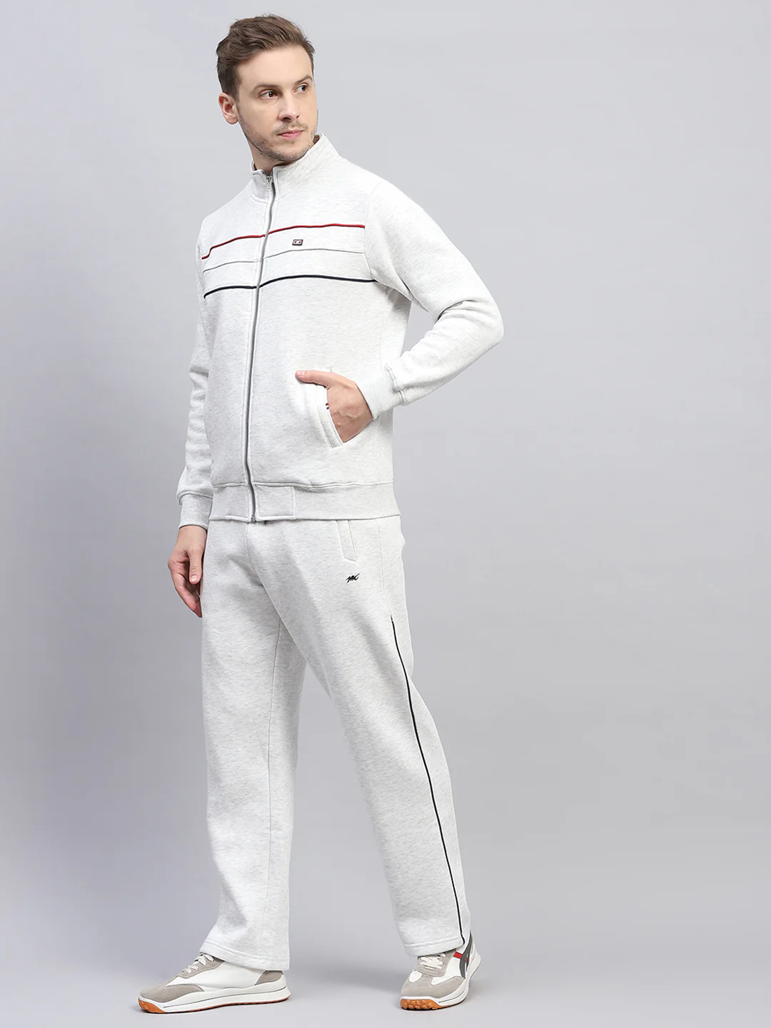 Men Grey Solid Mock Neck Full Sleeve Winter Tracksuit - Image 3