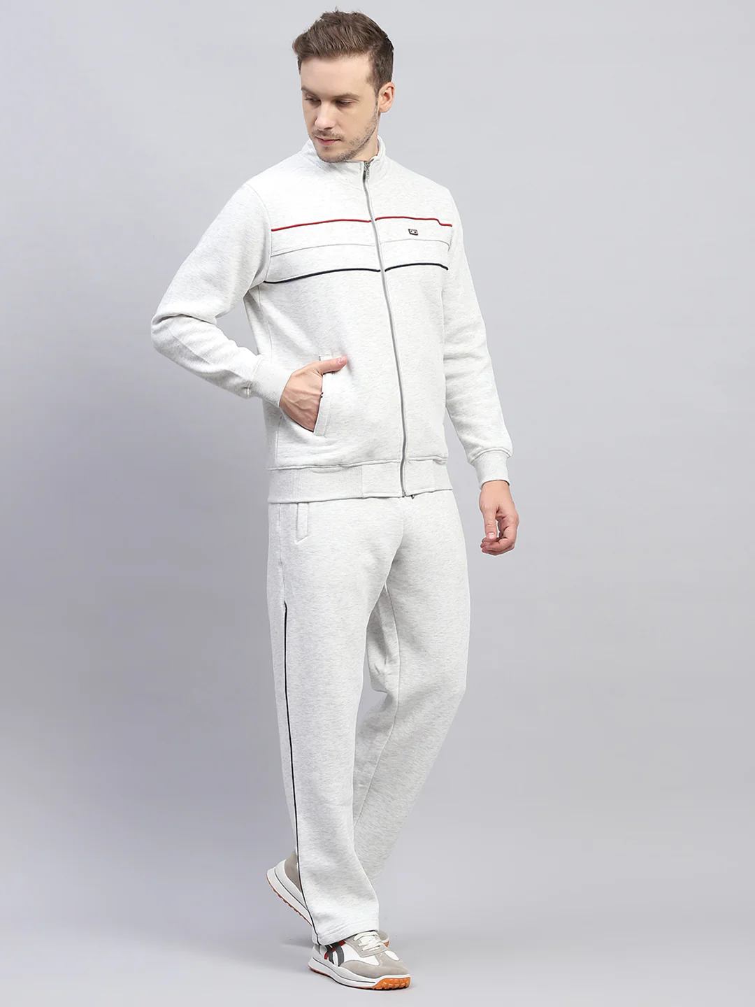 Men Grey Solid Mock Neck Full Sleeve Winter Tracksuit - Image 4