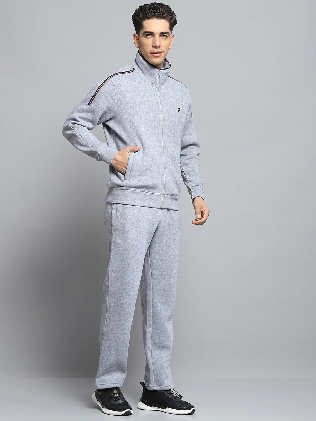 Men Grey Solid Mock Neck Full Sleeve Winter Tracksuit - Image 4