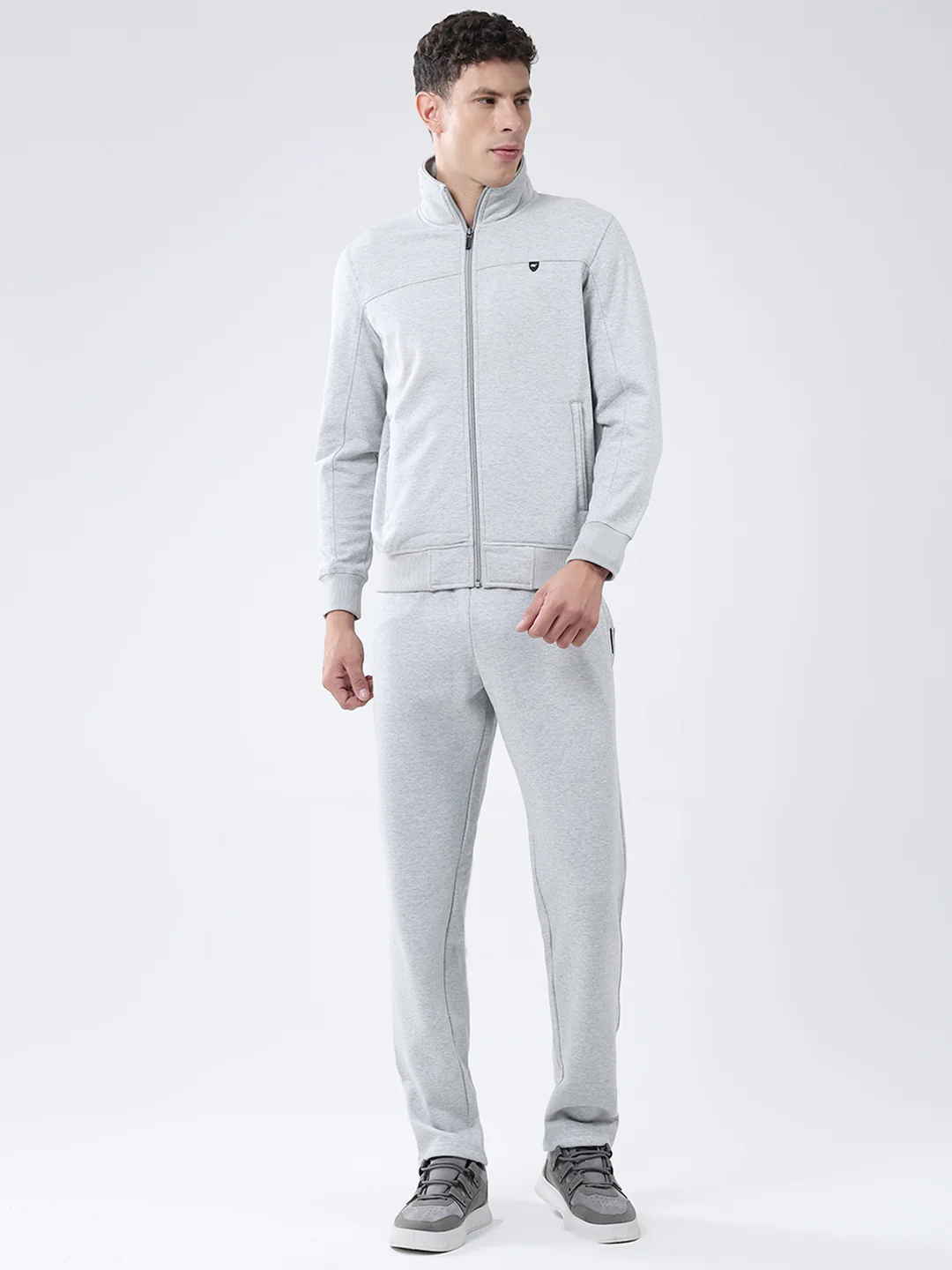 Men Grey Solid Mock Neck Full Sleeve Winter Tracksuit
