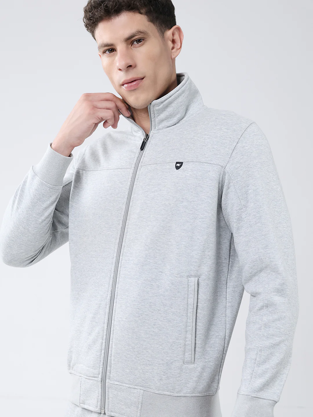Men Grey Solid Mock Neck Full Sleeve Winter Tracksuit - Image 6