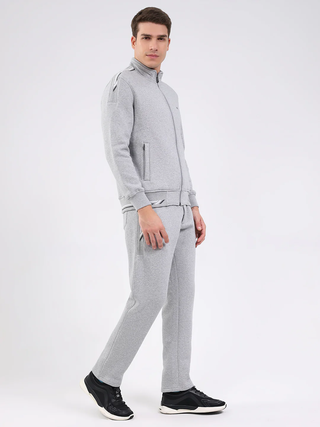Men Grey Solid Mock Neck Full Sleeve Winter Tracksuit - Image 4