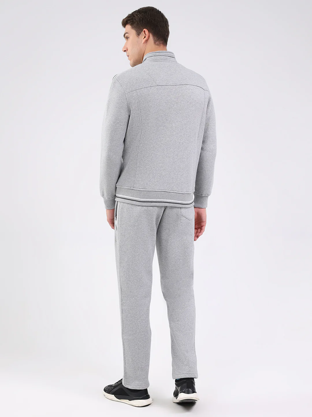 Men Grey Solid Mock Neck Full Sleeve Winter Tracksuit - Image 5