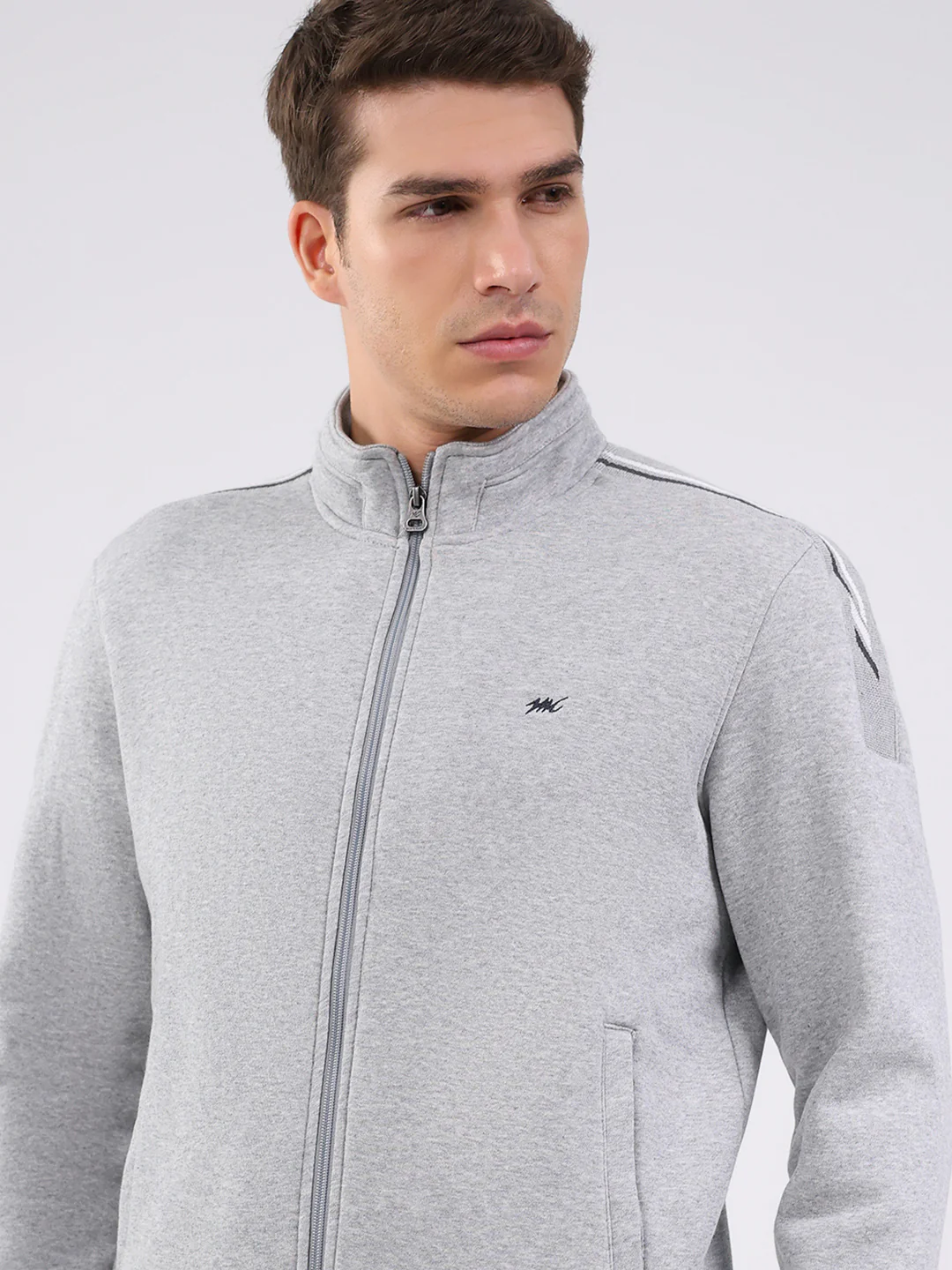 Men Grey Solid Mock Neck Full Sleeve Winter Tracksuit - Image 6