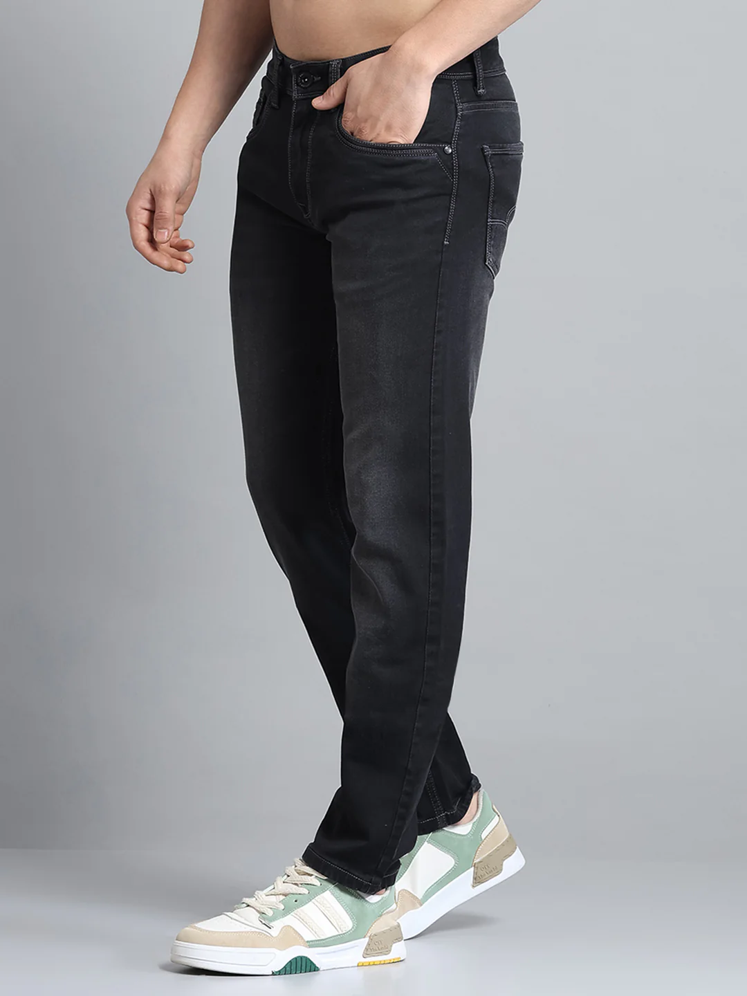 Men Grey Solid Narrow Fit Denim - Image 3