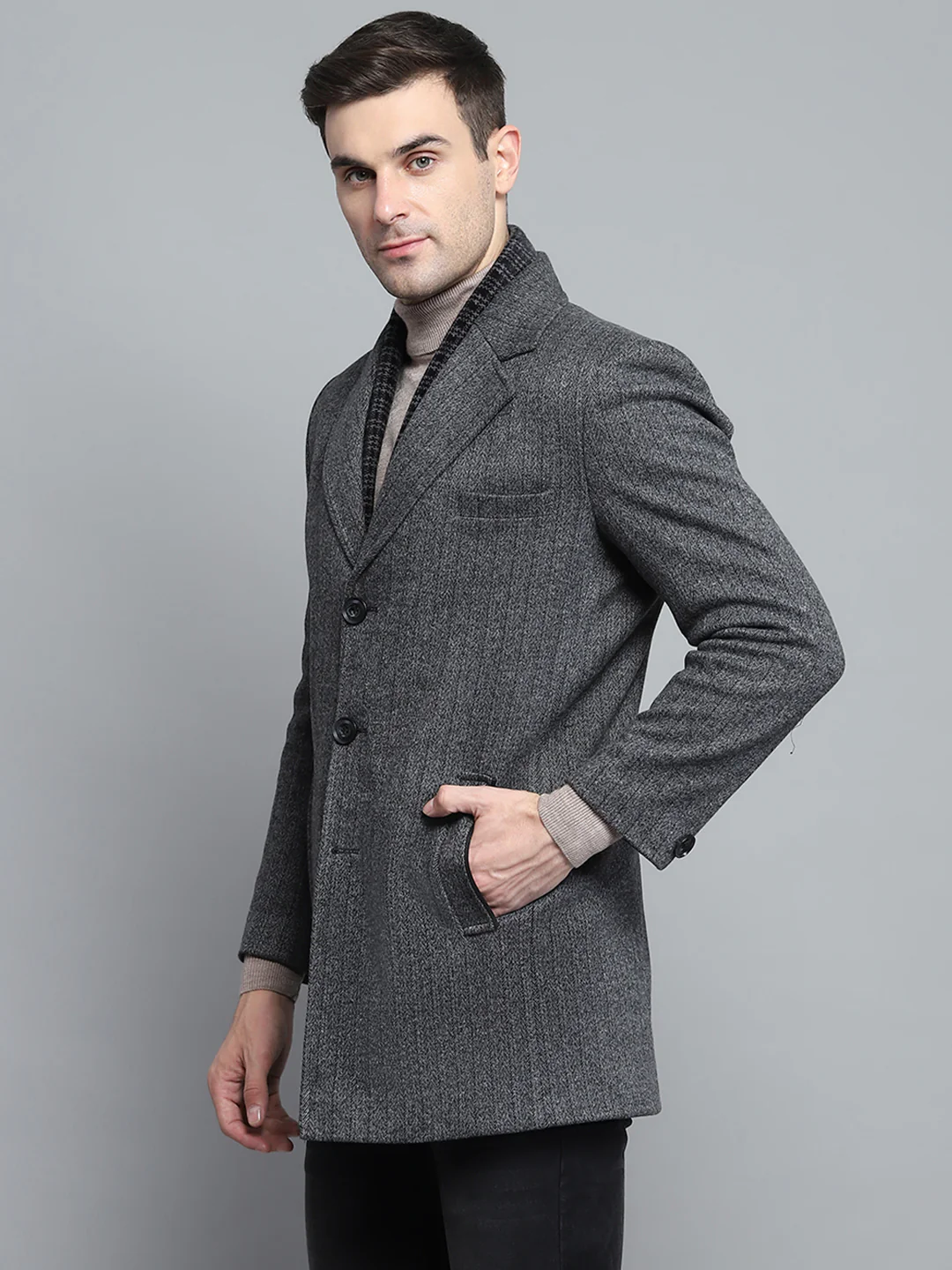 Men Grey Solid Notch lapel Collar Full Sleeve Coat - Image 3