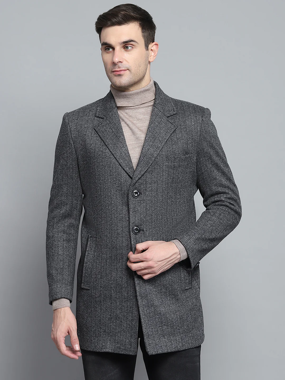 Men Grey Solid Notch lapel Collar Full Sleeve Coat - Image 6