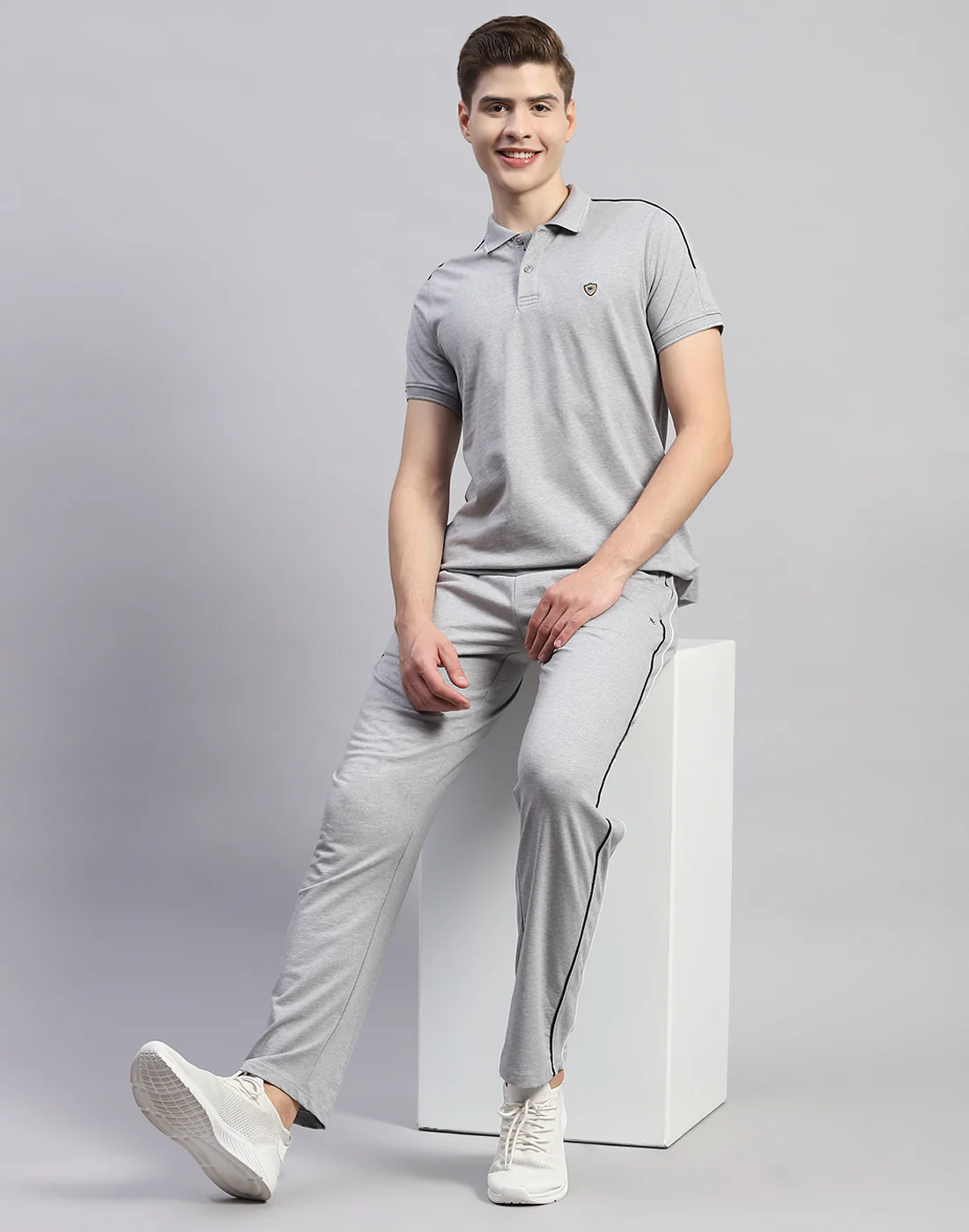 Men Grey Solid Polo Collar Half Sleeve Lower Set - Image 2
