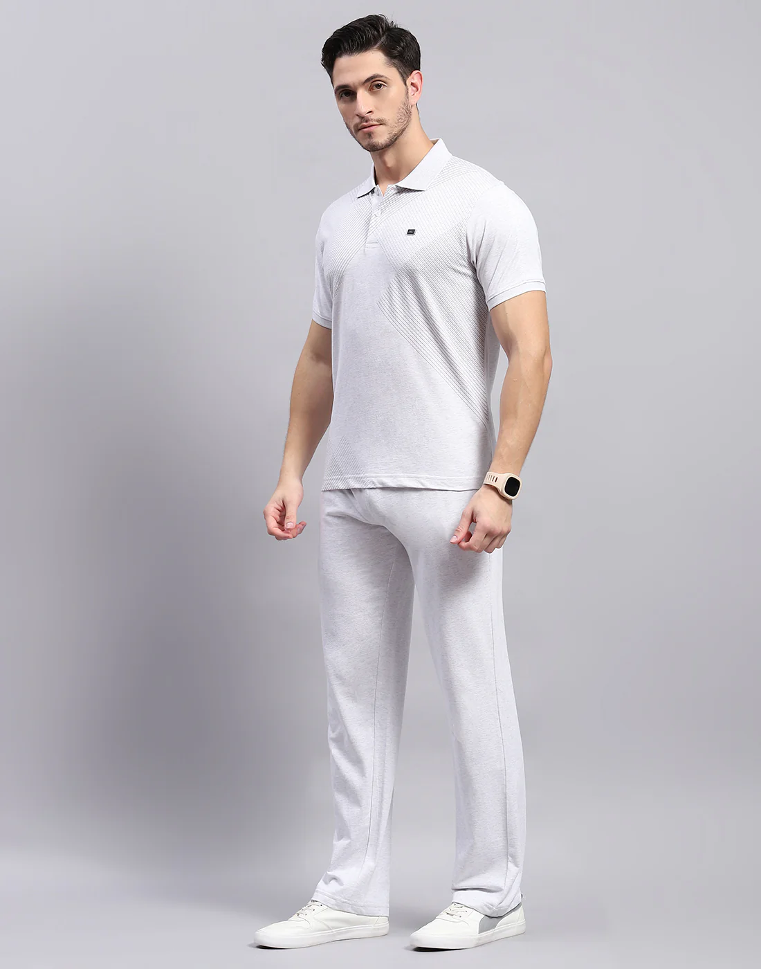 Men Grey Solid Polo Collar Half Sleeve Lower Set - Image 3