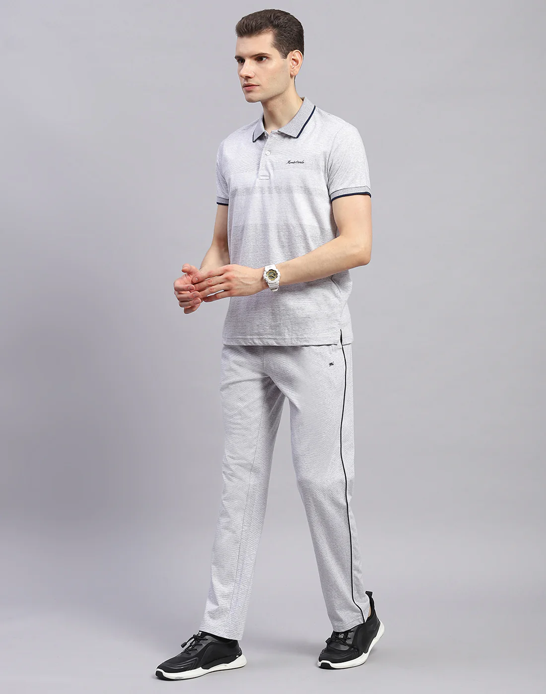 Men Grey Solid Polo Collar Half Sleeve Lower Set - Image 3