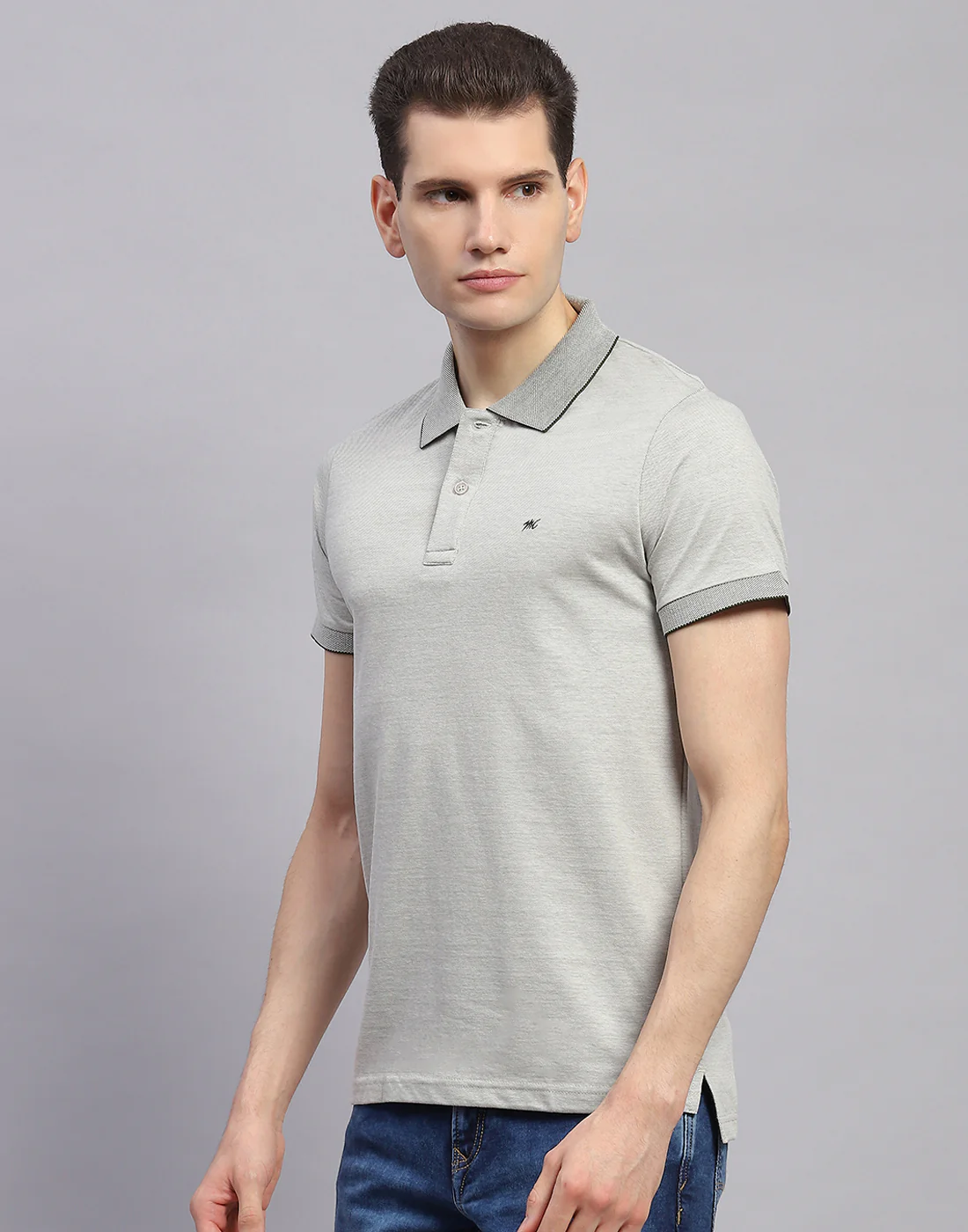 Men Grey Solid Polo Collar Half Sleeve T-Shirt - Image 3