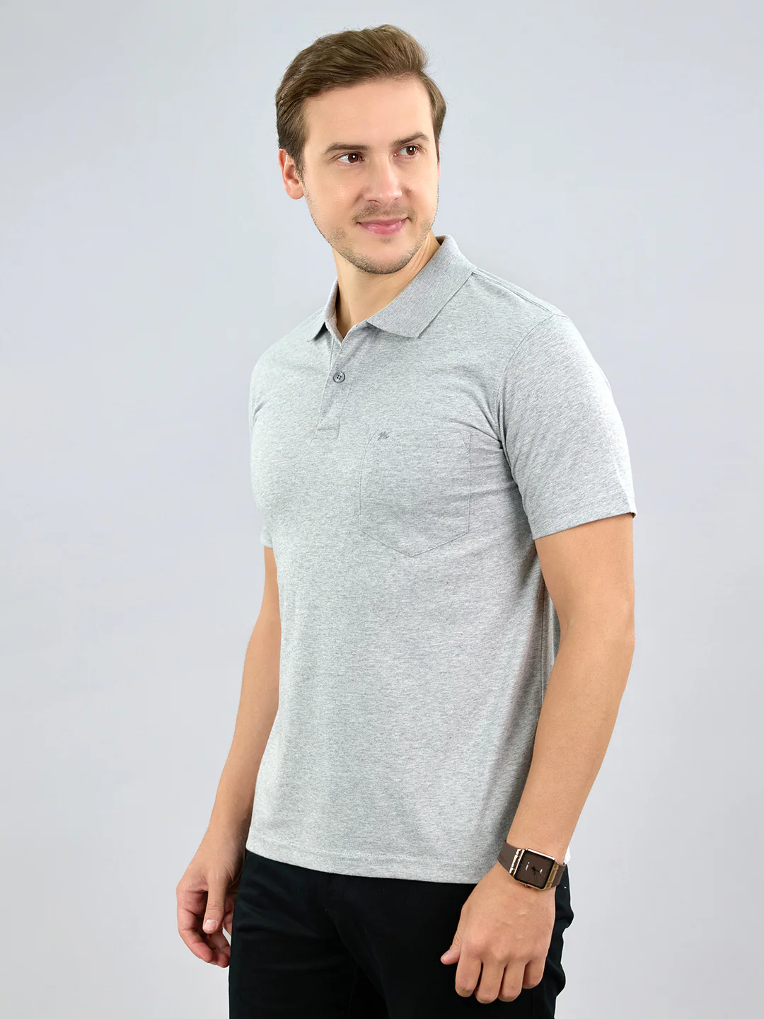 Men Grey Solid Polo Collar Half Sleeve T-Shirt - Image 2