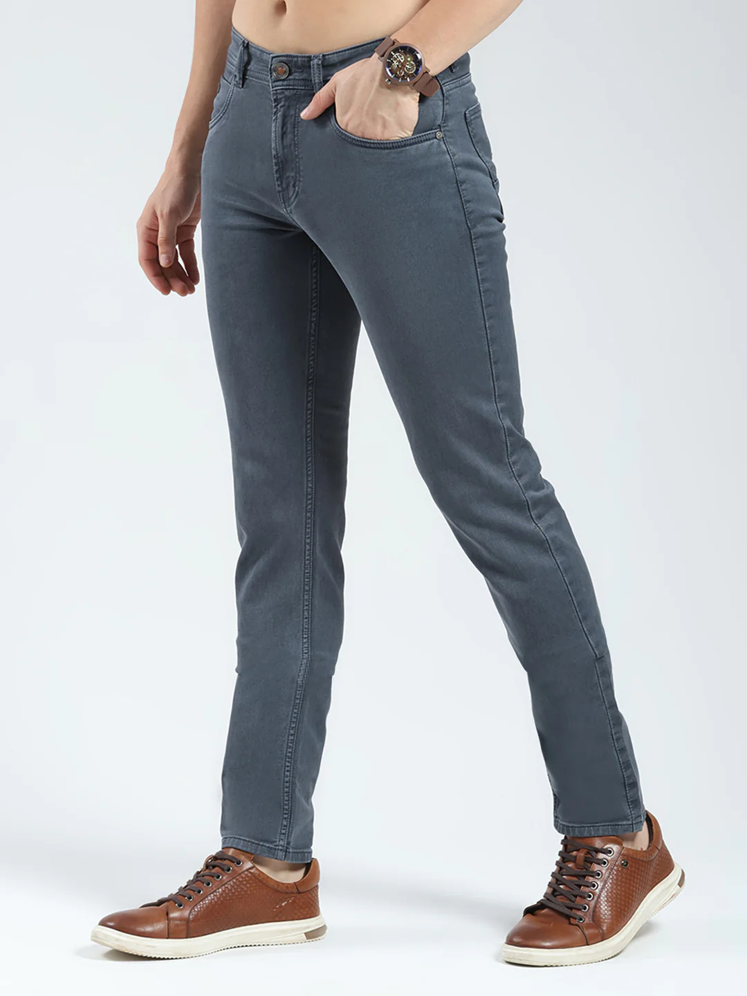 Men Grey Solid Narrow Fit Denim - Image 3
