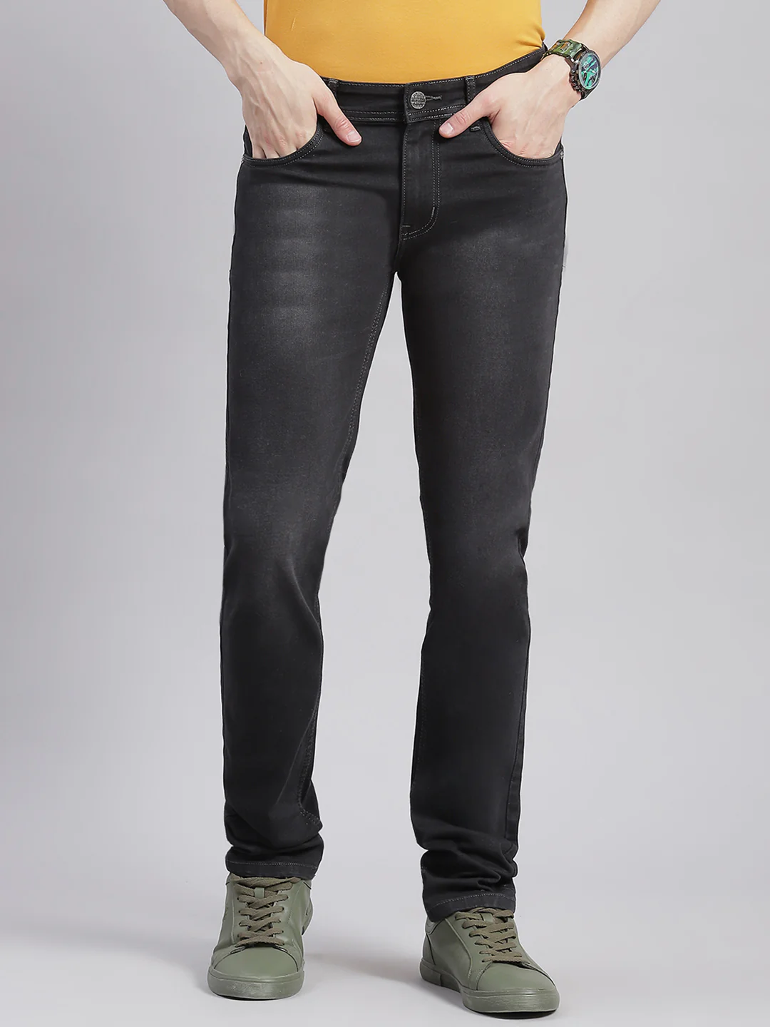 Men Grey Solid Regular Fit Denims - Image 2