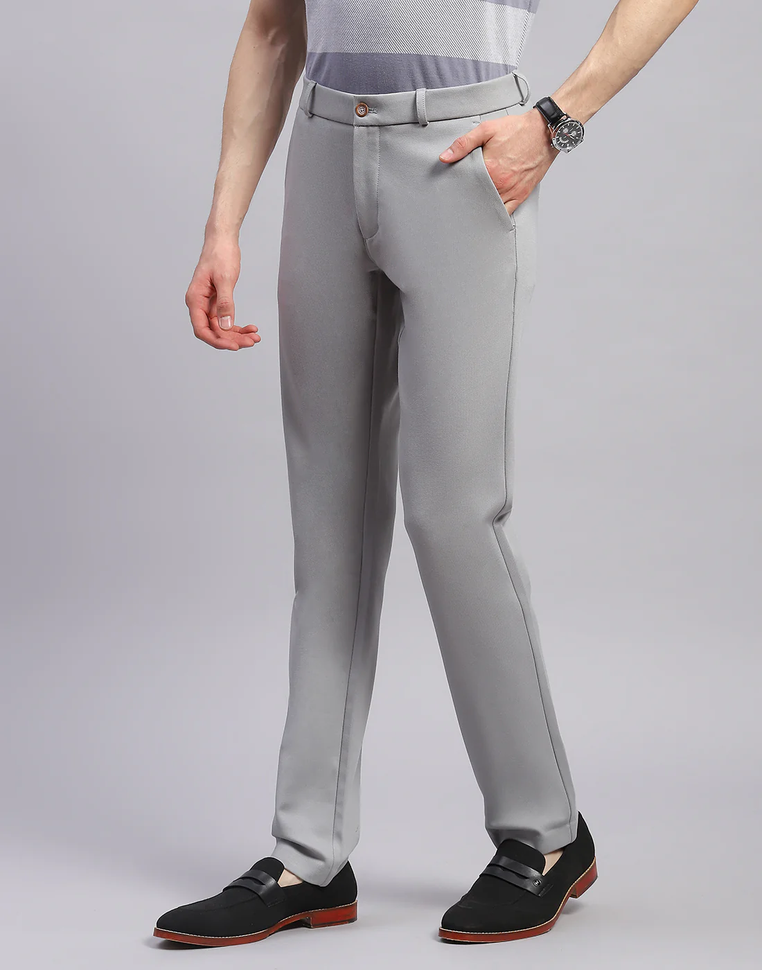Men Grey Solid Regular Fit Trouser - Image 3