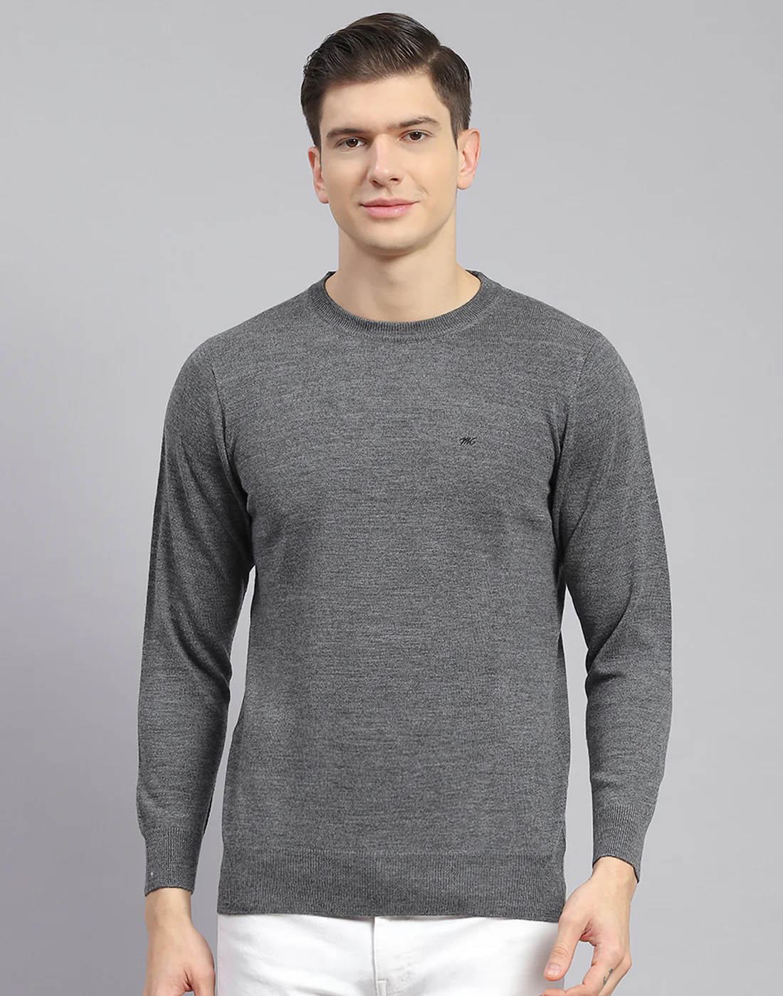 Men Grey Solid Round Neck Full Sleeve Sweater - Image 2