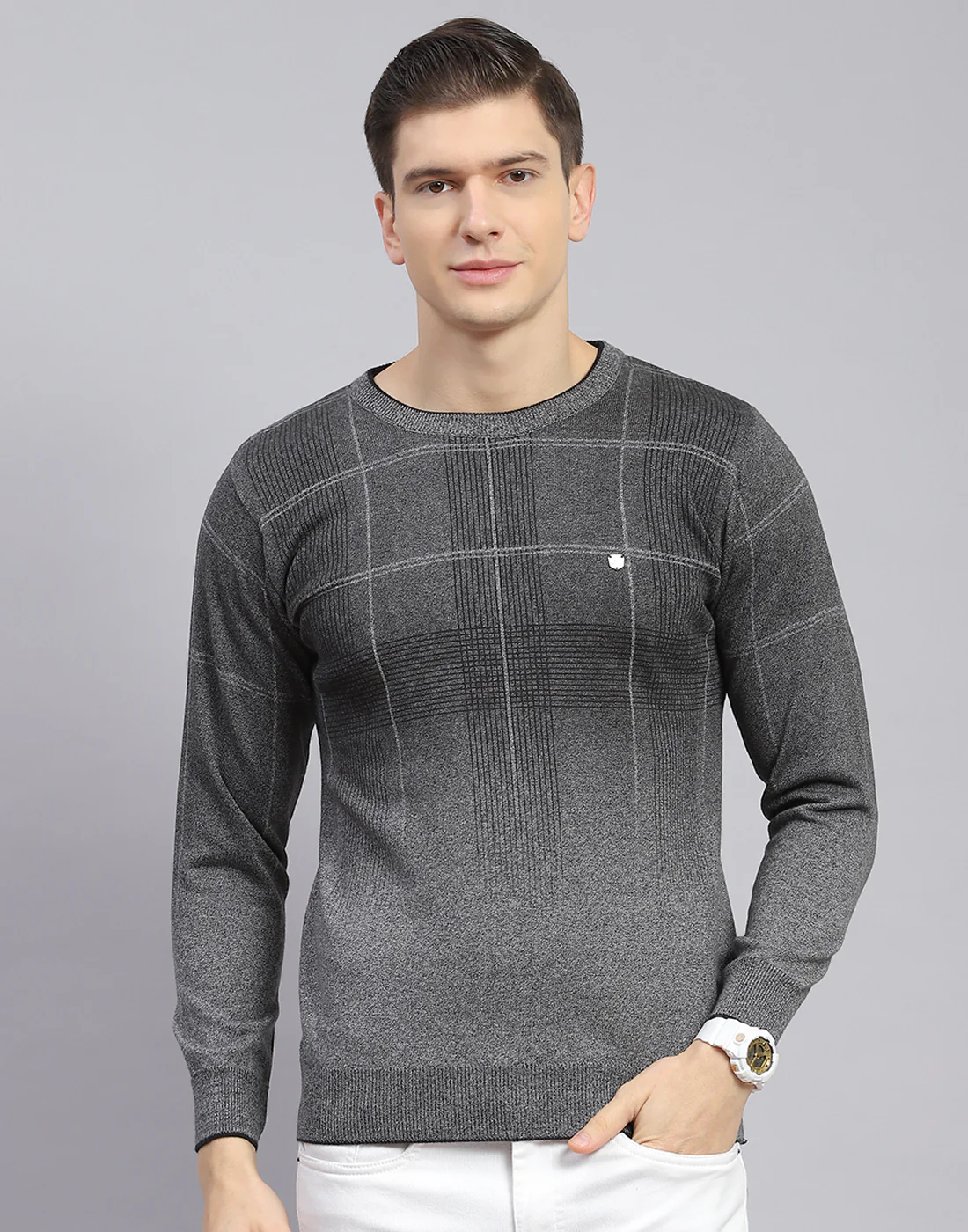 Men Grey Solid Round Neck Full Sleeve Sweater - Image 3