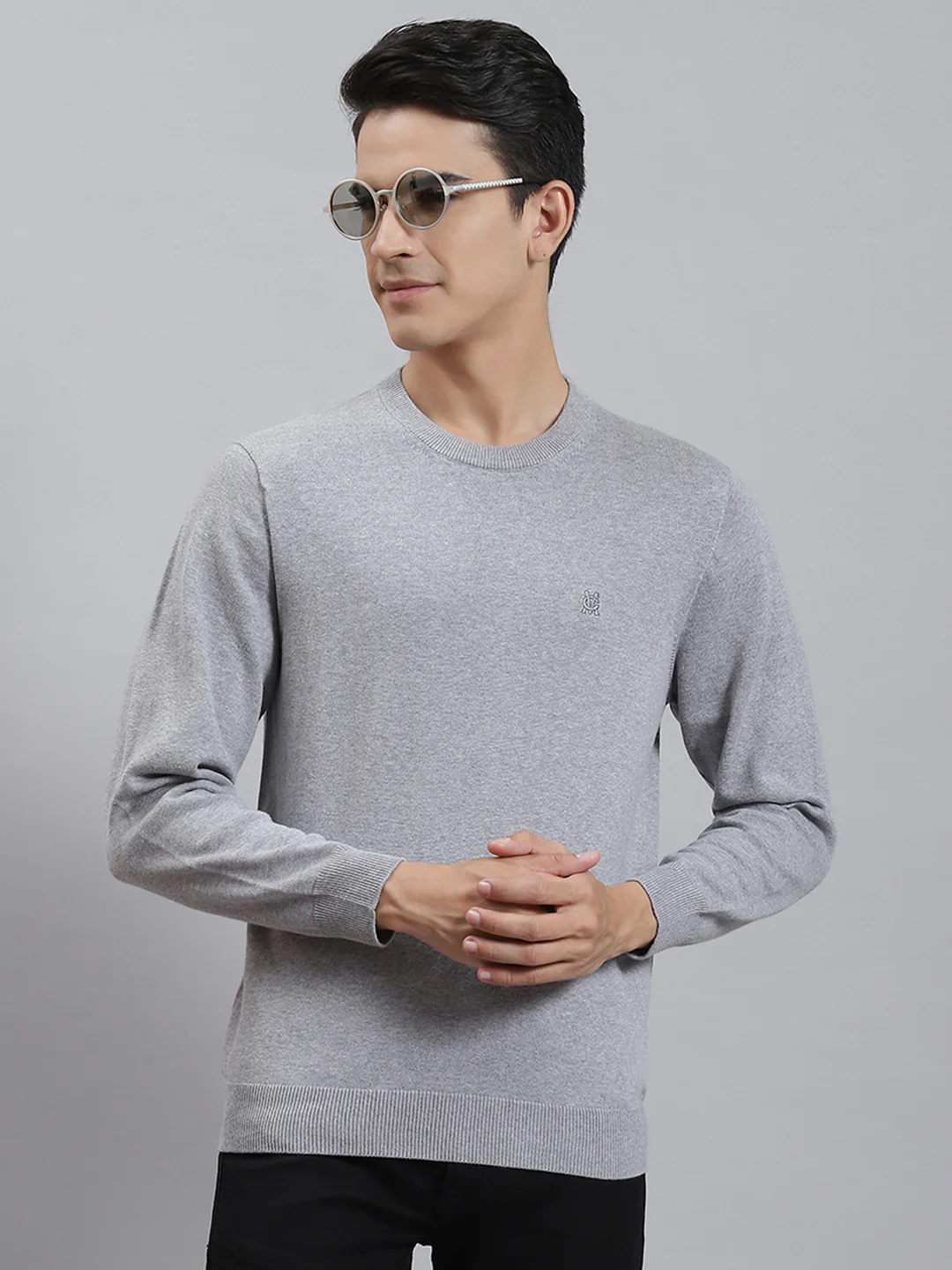 Men Grey Solid Round Neck Full Sleeve Sweaters/Pullovers - Image 2