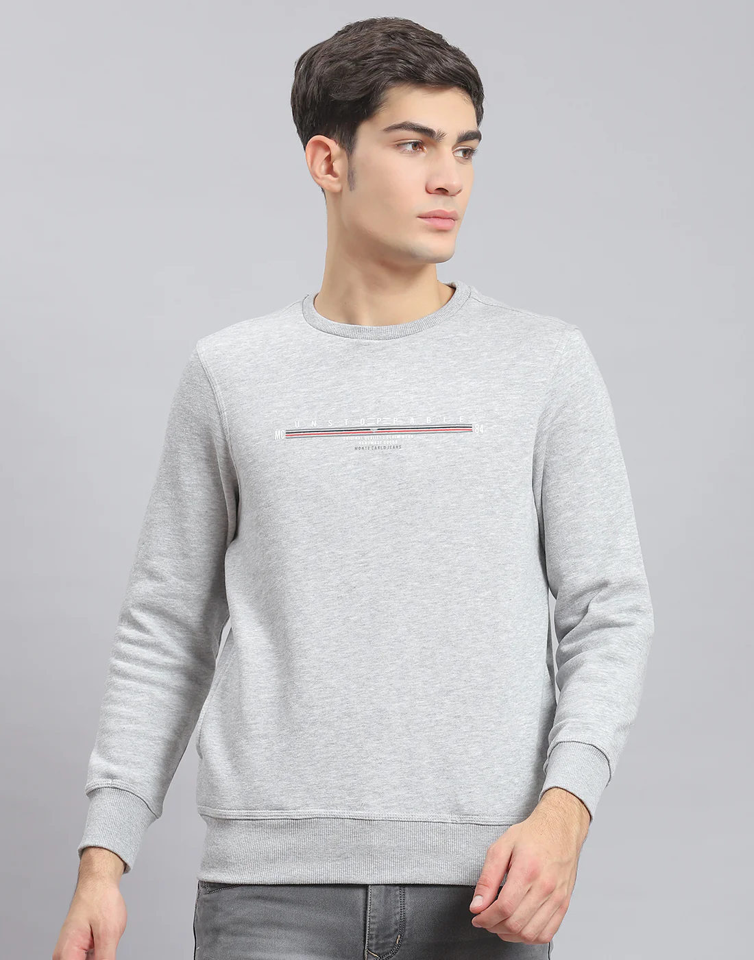Men Grey Solid Round Neck Full Sleeve Sweatshirt - Image 2