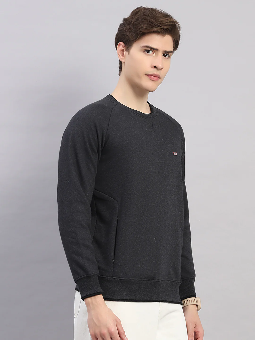 Men Grey Solid Round Neck Full Sleeve Sweatshirt - Image 4