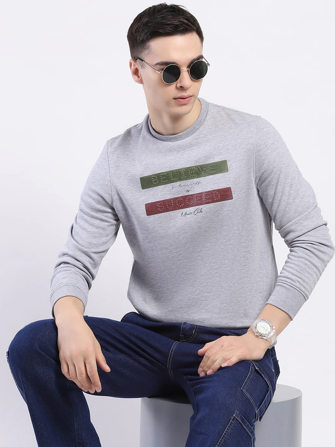 Men Grey Solid Round Neck Full Sleeve Sweatshirt - Image 6