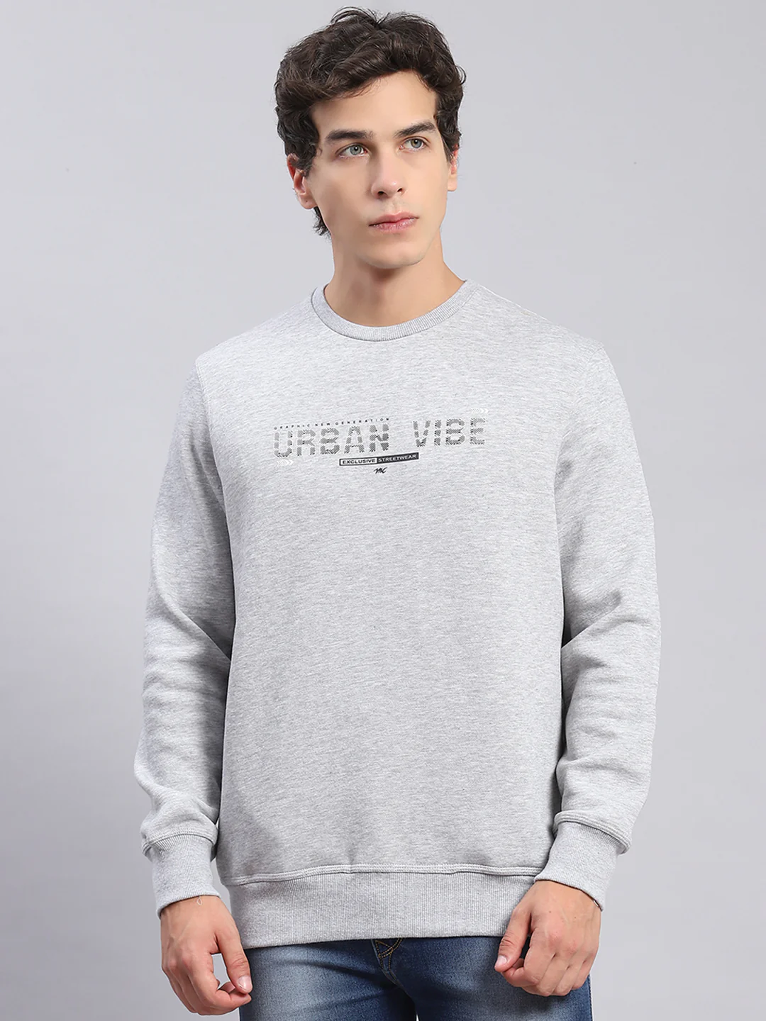 Men Grey Solid Round Neck Full Sleeve Sweatshirts - Image 2