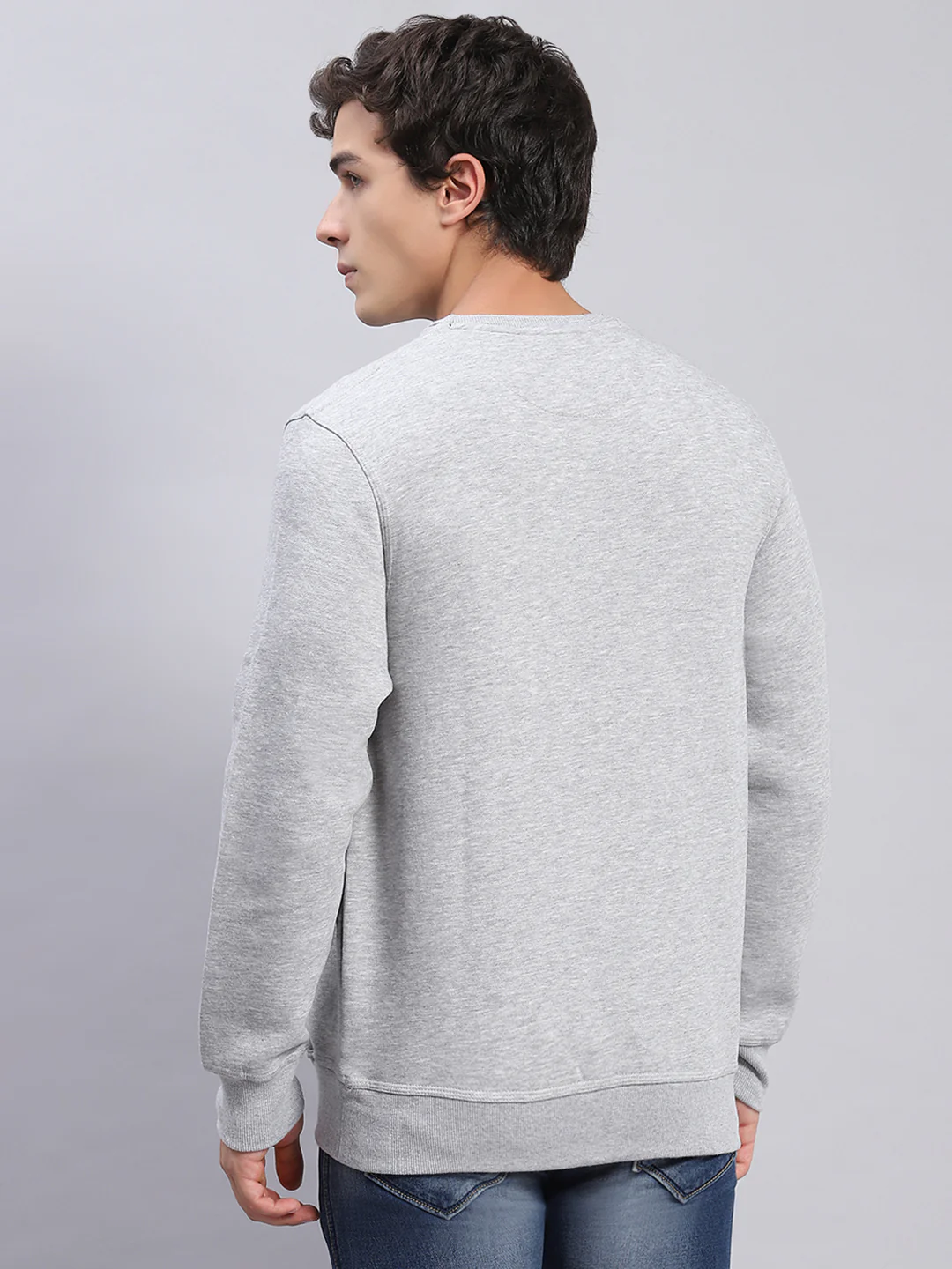 Men Grey Solid Round Neck Full Sleeve Sweatshirts - Image 5