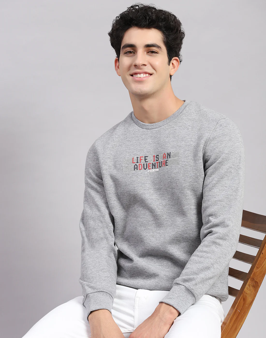 Men Grey Solid Round Neck Full Sleeve Sweatshirts - Image 2