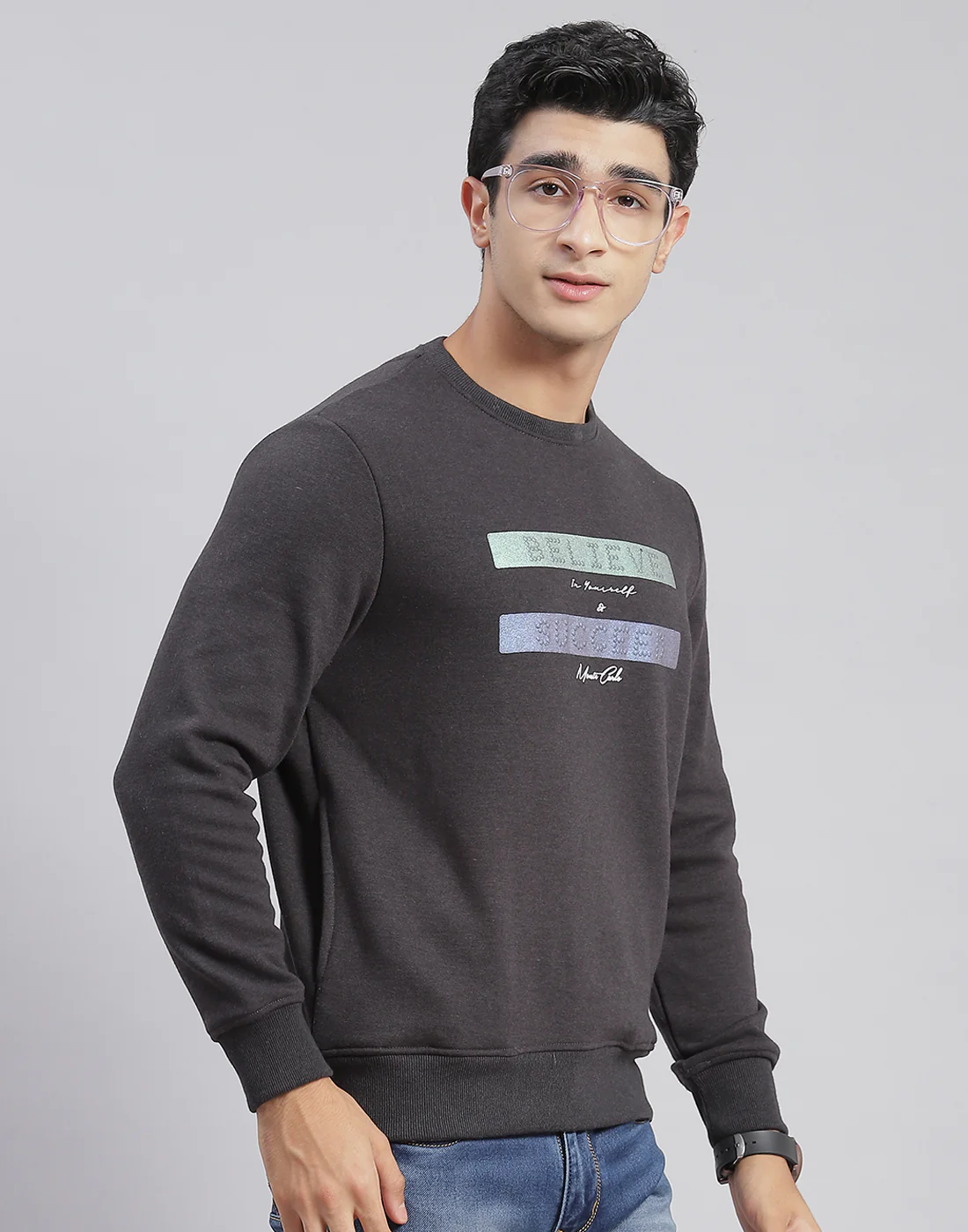 Men Grey Solid Round Neck Full Sleeve Sweatshirts - Image 4