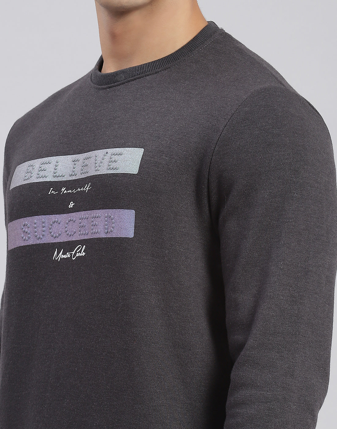 Men Grey Solid Round Neck Full Sleeve Sweatshirts - Image 6