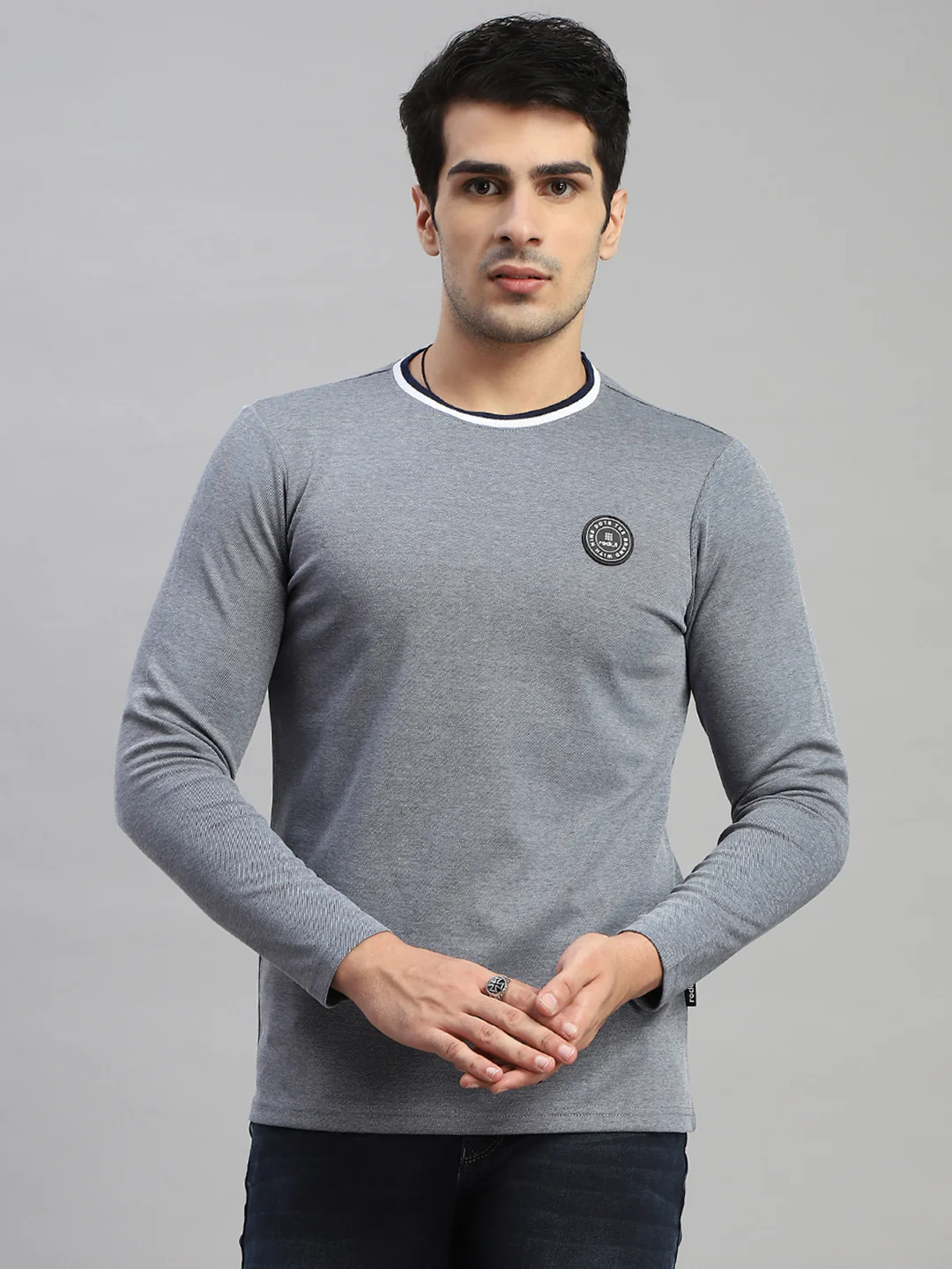 Rock.it Men Grey Solid Round Neck Full Sleeve T-Shirt - Image 2